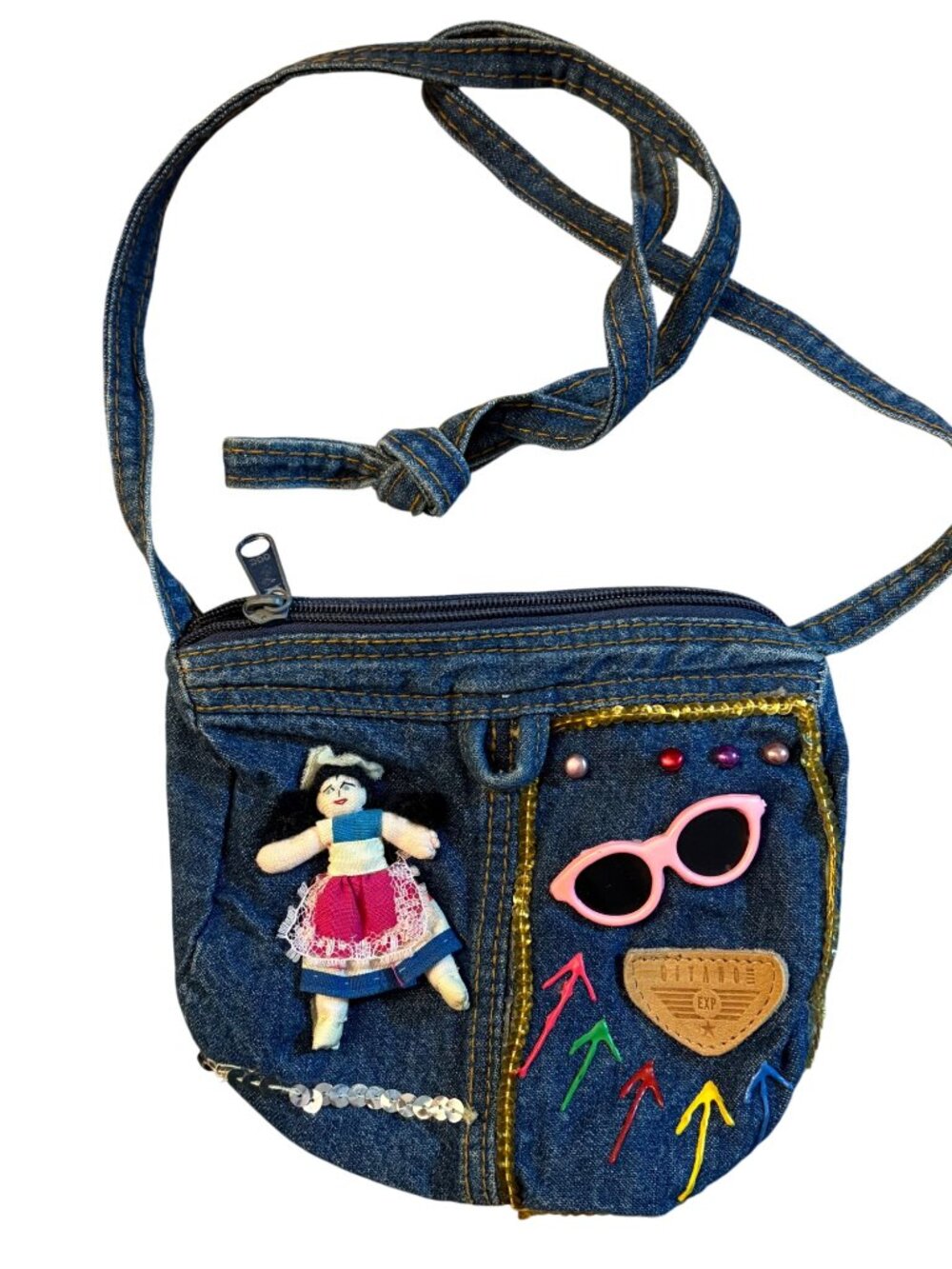 Vintage Gitano Denim Crossbody Bag With Doll & Colorful Embellishments Adjustabl